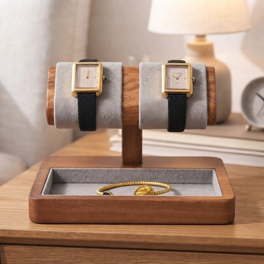 Présentoir Montre Duo Bois & Velours avec Vide-Poche