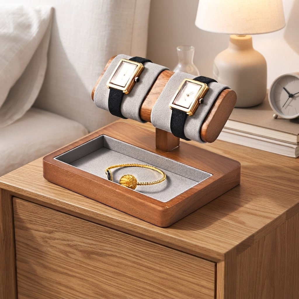 Présentoir Montre Duo Bois & Velours avec Vide-Poche